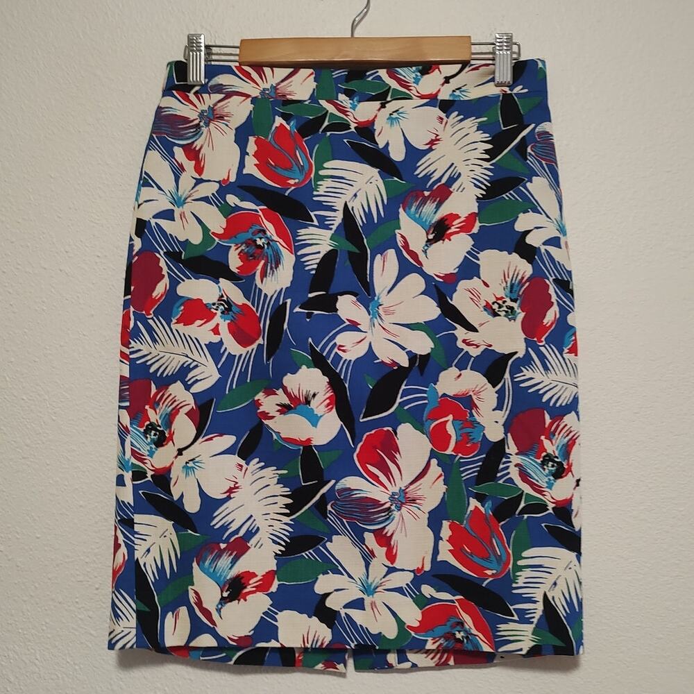 J. Crew Blue Red White Tropical Floral Basketweave Mini Pencil Skirt Size 2